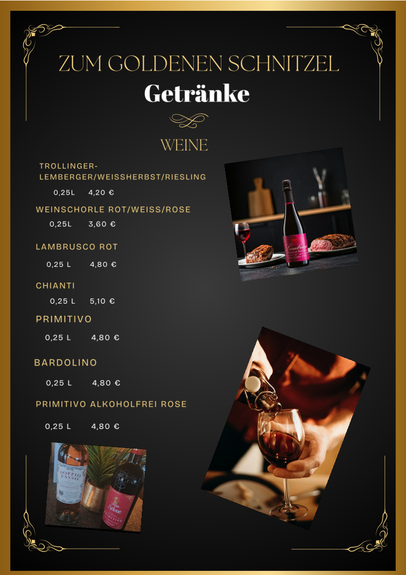 Speisekarte, RESTAURANT ZUM GOLDENEN SCHNITZEL