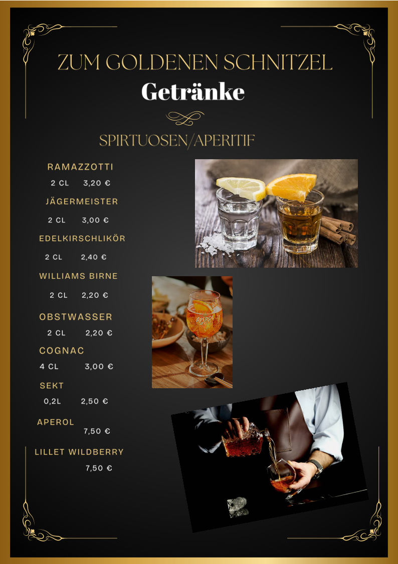 Speisekarte, RESTAURANT ZUM GOLDENEN SCHNITZEL