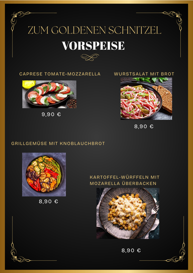 Speisekarte, RESTAURANT ZUM GOLDENEN SCHNITZEL
