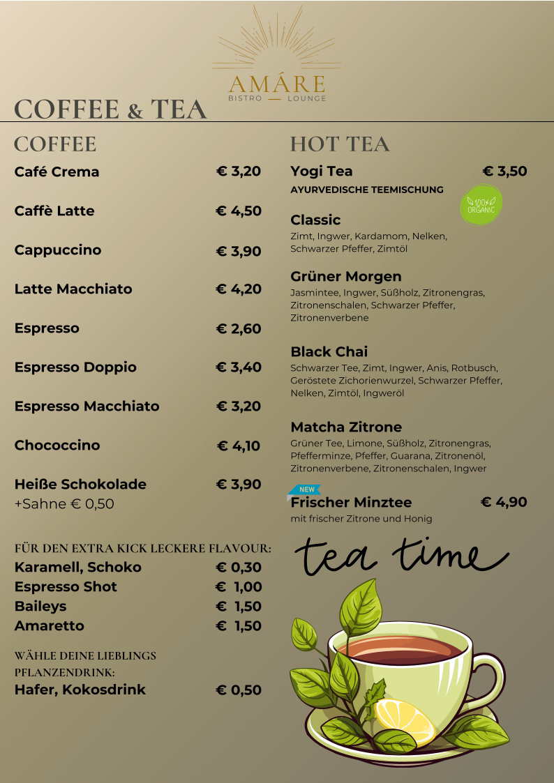 Speisekarte, AMÁRE Bistro & Lounge, Restaurant, Events, Frühstück, Firmenfeier.