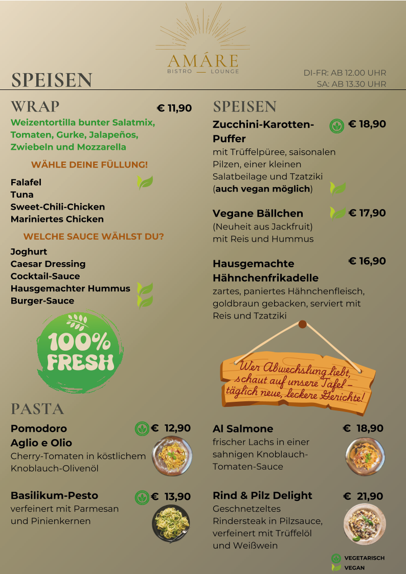 Speisekarte, AMÁRE Bistro & Lounge, Restaurant, Events, Frühstück, Firmenfeier.