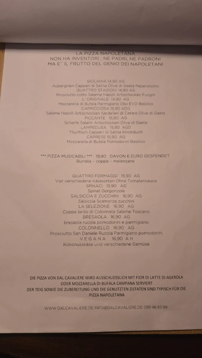 Speisekarte, Dal Cavaliere 1980