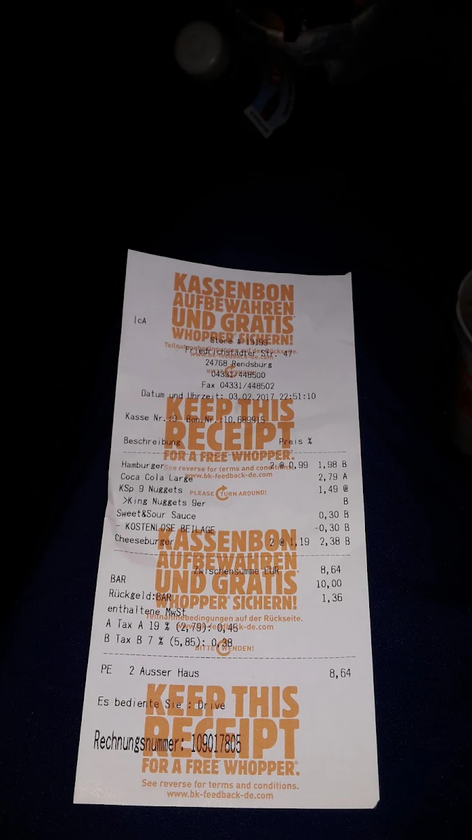 Speisekarte, Burger King Rendsburg