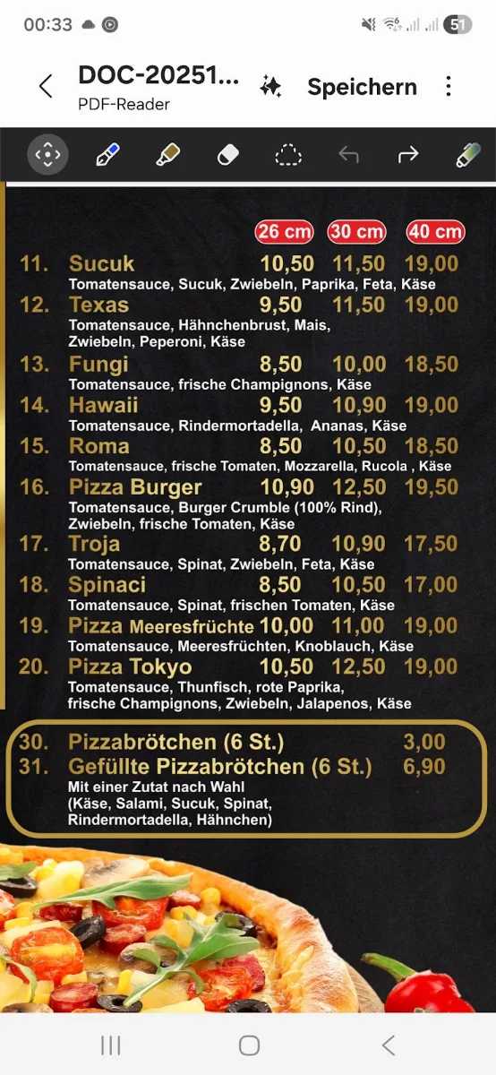 Speisekarte, Pizzalino