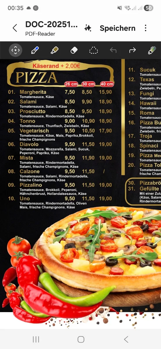 Speisekarte, Pizzalino