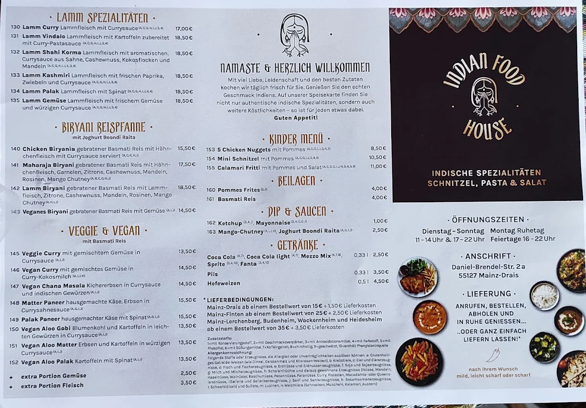 Speisekarte, Indian Food House
