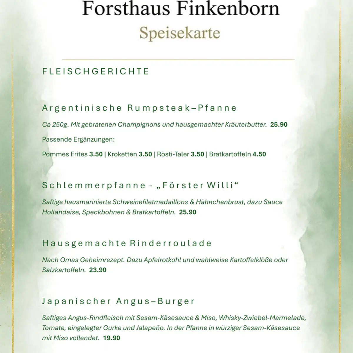 Speisekarte, Forsthaus Finkenborn Hameln