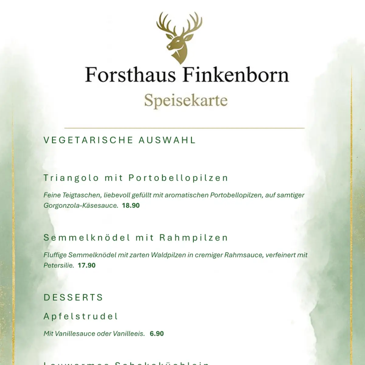 Speisekarte, Forsthaus Finkenborn Hameln