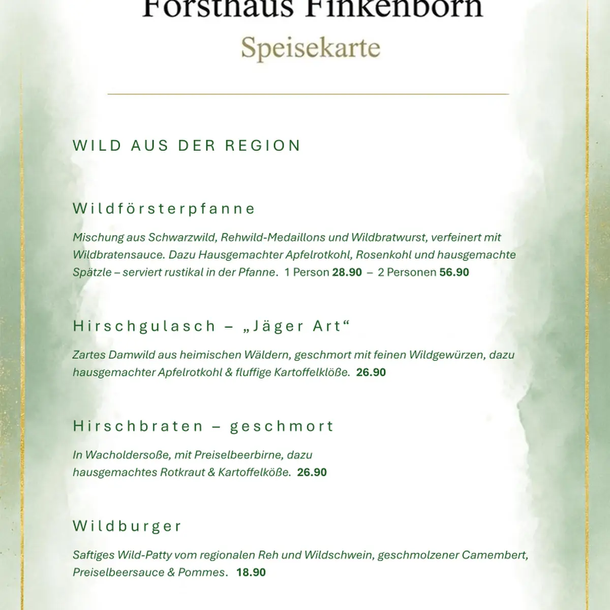 Speisekarte, Forsthaus Finkenborn Hameln