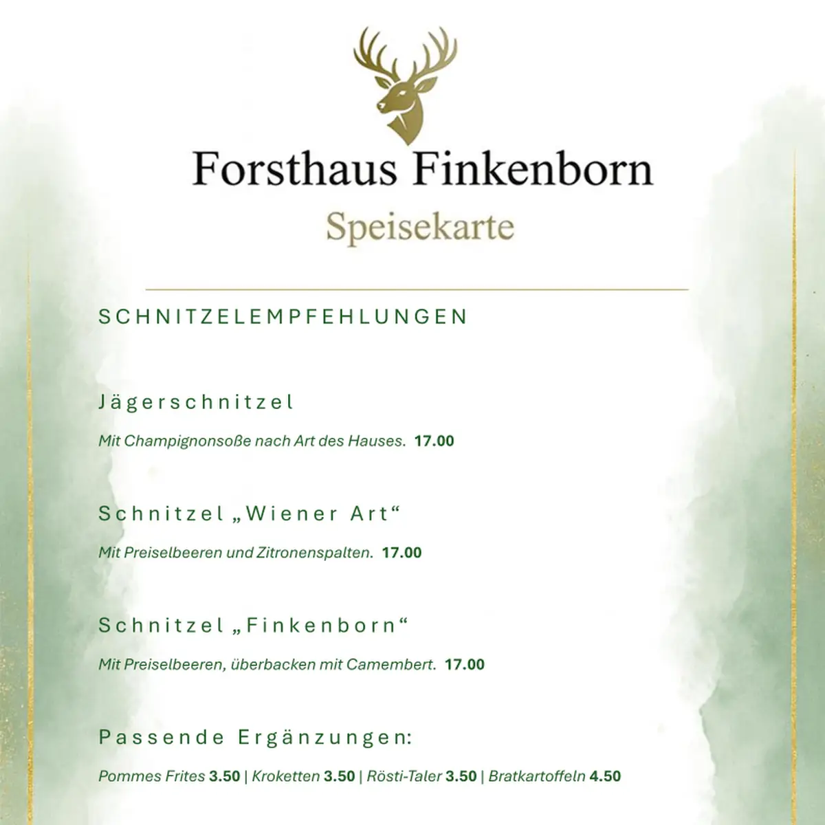 Speisekarte, Forsthaus Finkenborn Hameln