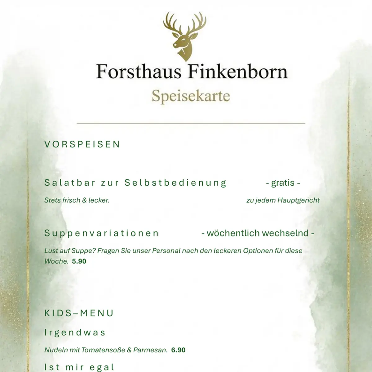 Speisekarte, Forsthaus Finkenborn Hameln