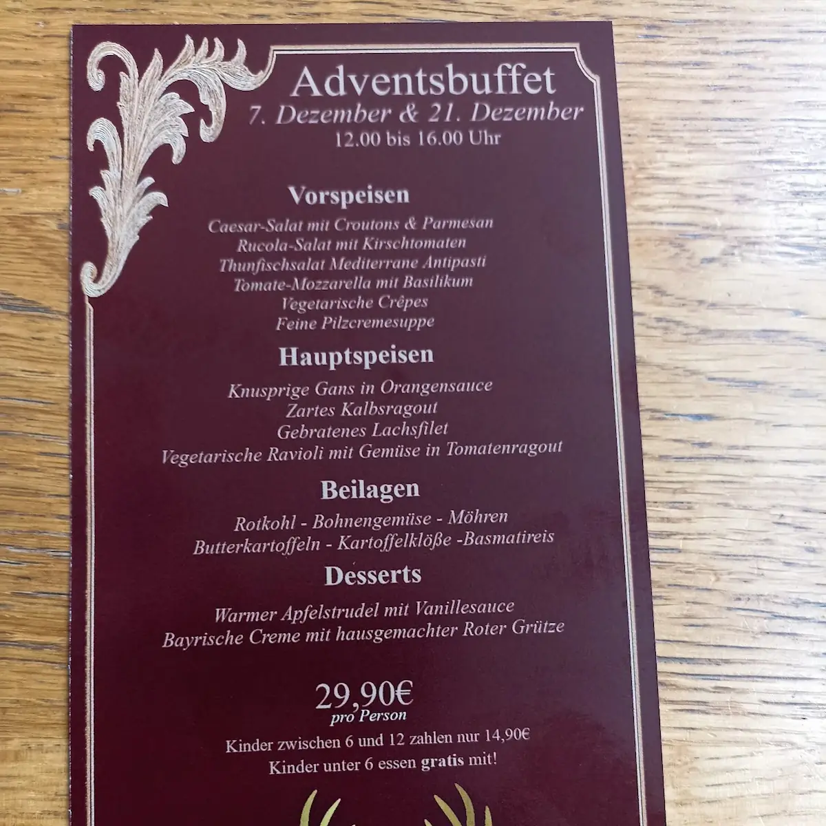 Speisekarte, Forsthaus Finkenborn Hameln