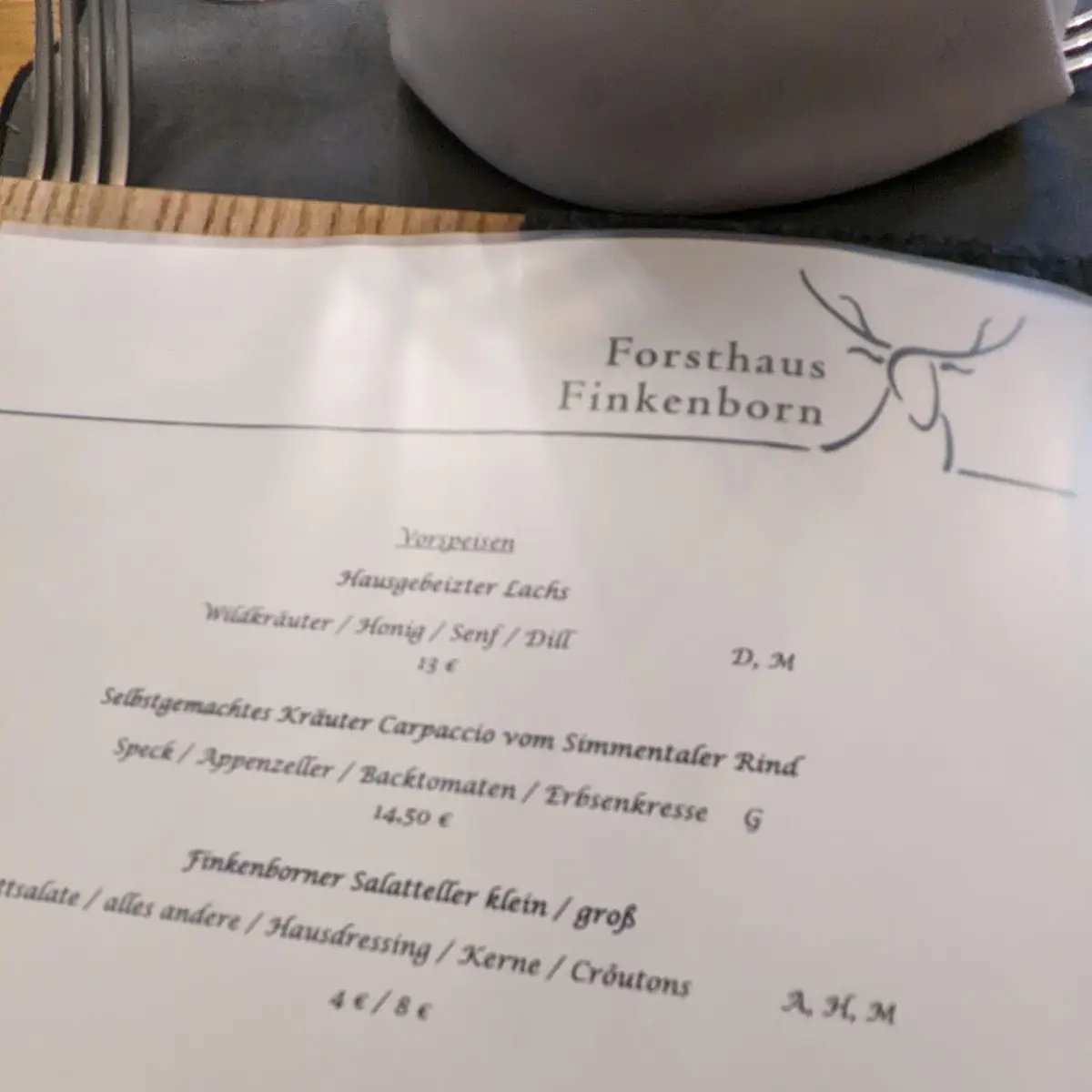 Speisekarte, Forsthaus Finkenborn Hameln