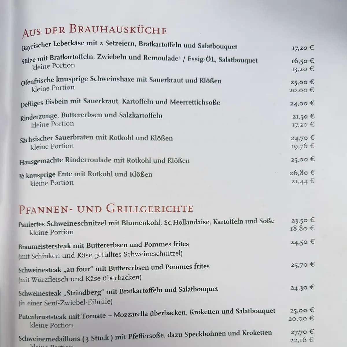 Speisekarte, Brauhaus Napoleon