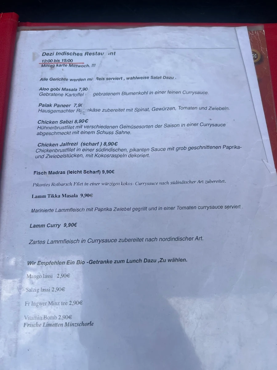 Speisekarte, Dezi Indisches Restaurant Berlin