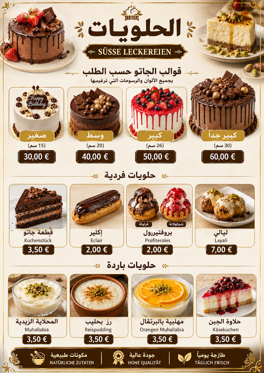 Speisekarte, Kallas Café & Bakery – Arabische Süßwaren & Falafel