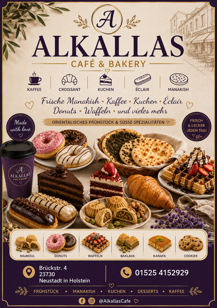 Speisekarte, Kallas Café & Bakery – Arabische Süßwaren & Falafel