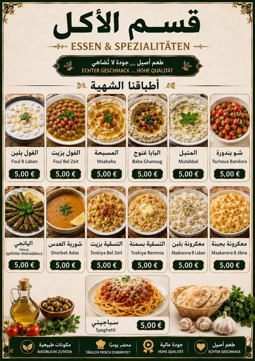 Speisekarte, Kallas Café & Bakery – Arabische Süßwaren & Falafel