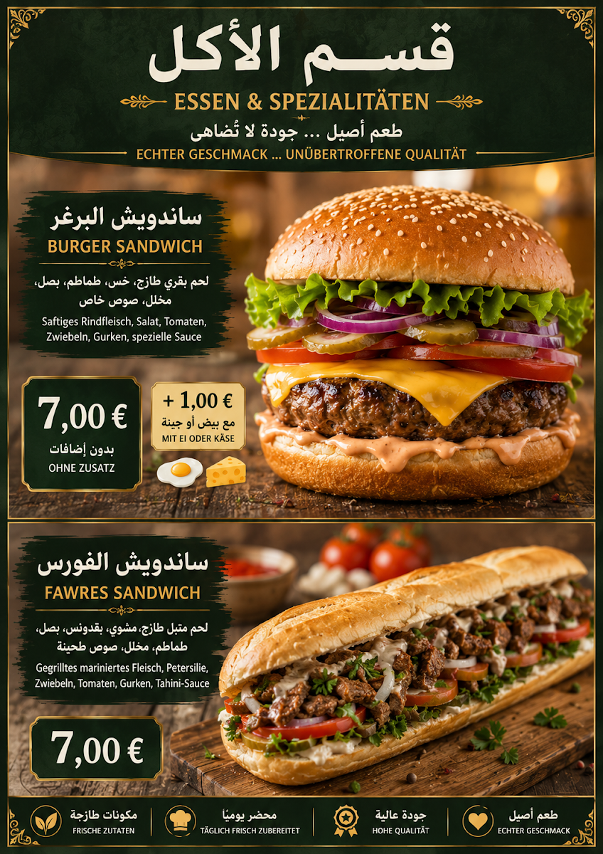 Speisekarte, Kallas Café & Bakery – Arabische Süßwaren & Falafel