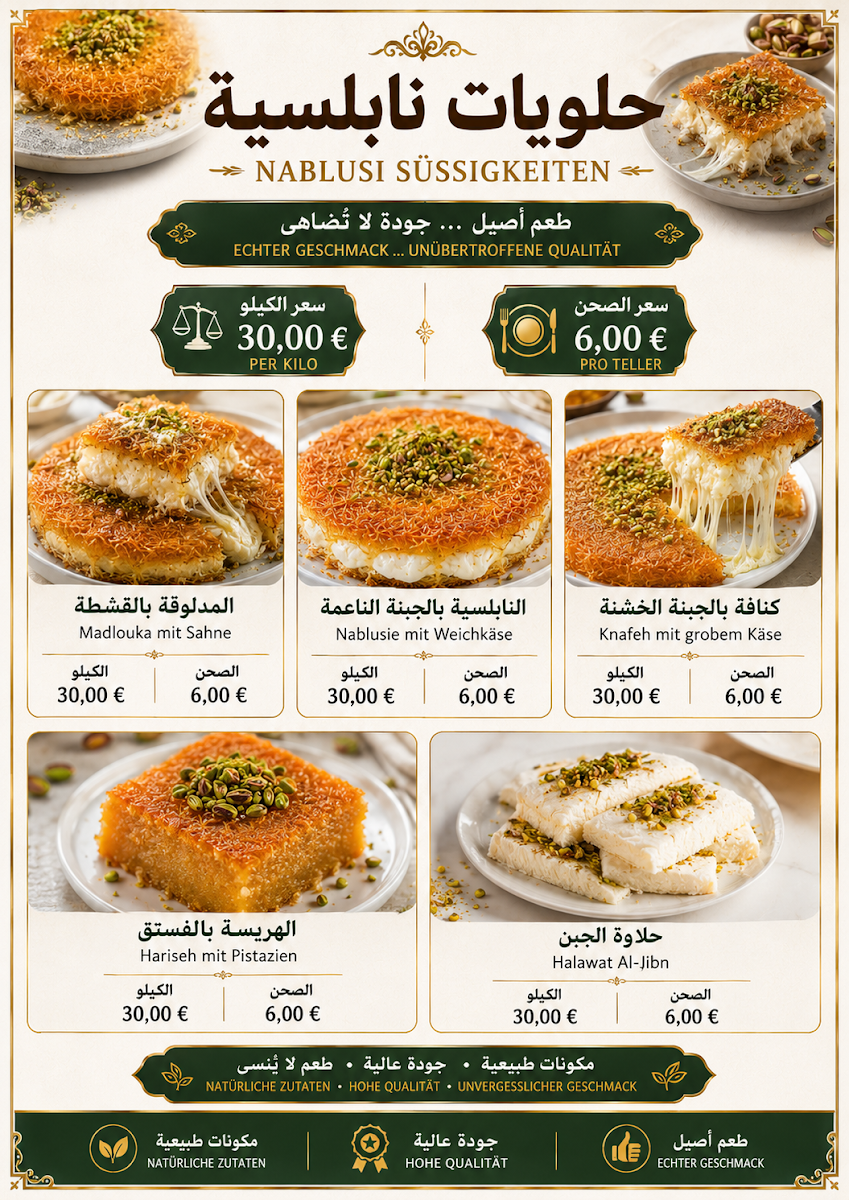 Speisekarte, Kallas Café & Bakery – Arabische Süßwaren & Falafel