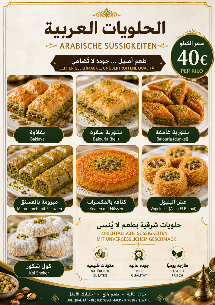 Speisekarte, Kallas Café & Bakery – Arabische Süßwaren & Falafel