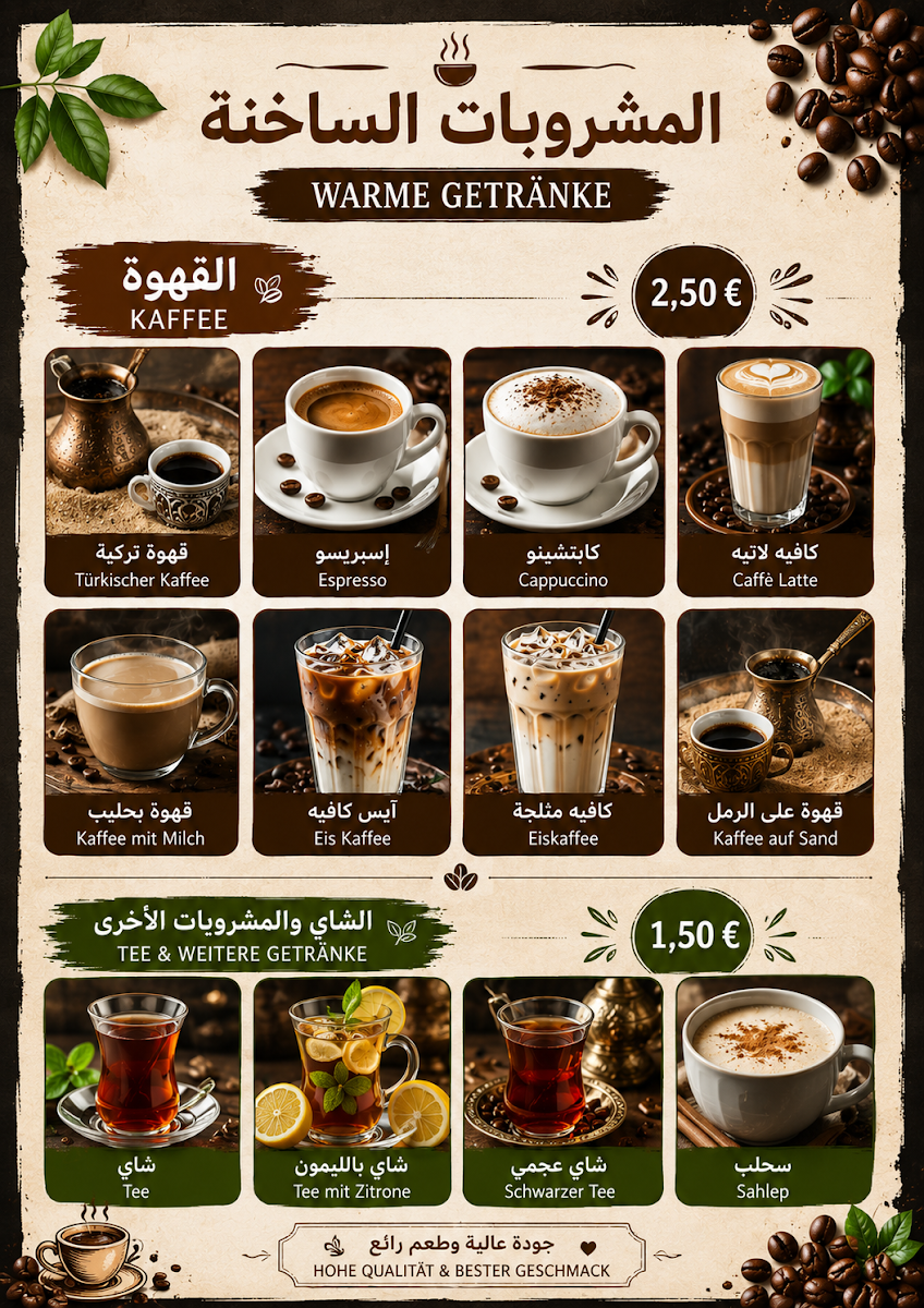Speisekarte, Kallas Café & Bakery – Arabische Süßwaren & Falafel