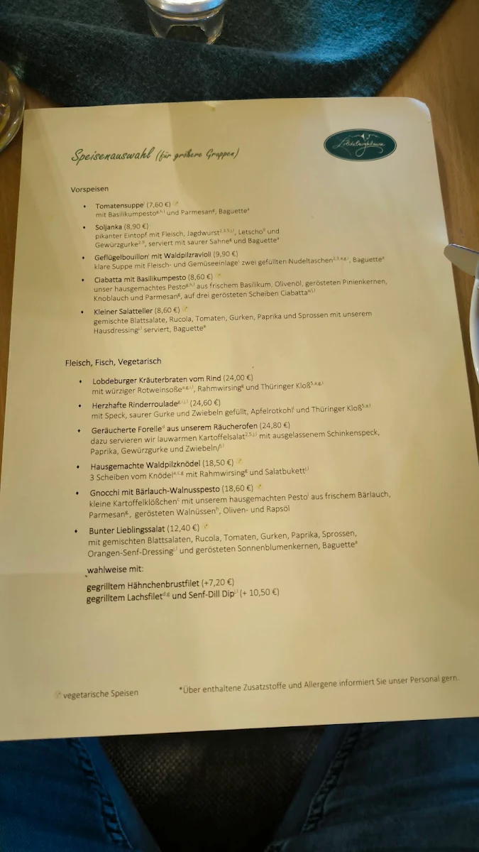 Speisekarte, Gaststätte Lobdeburgklause