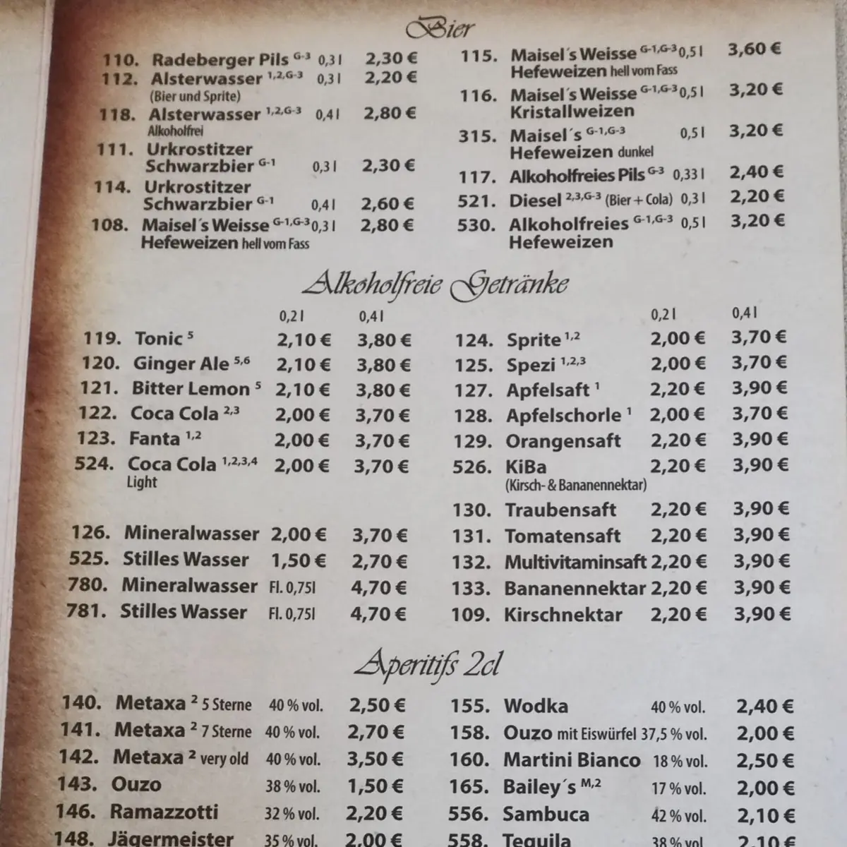 Speisekarte, Restaurant Athos