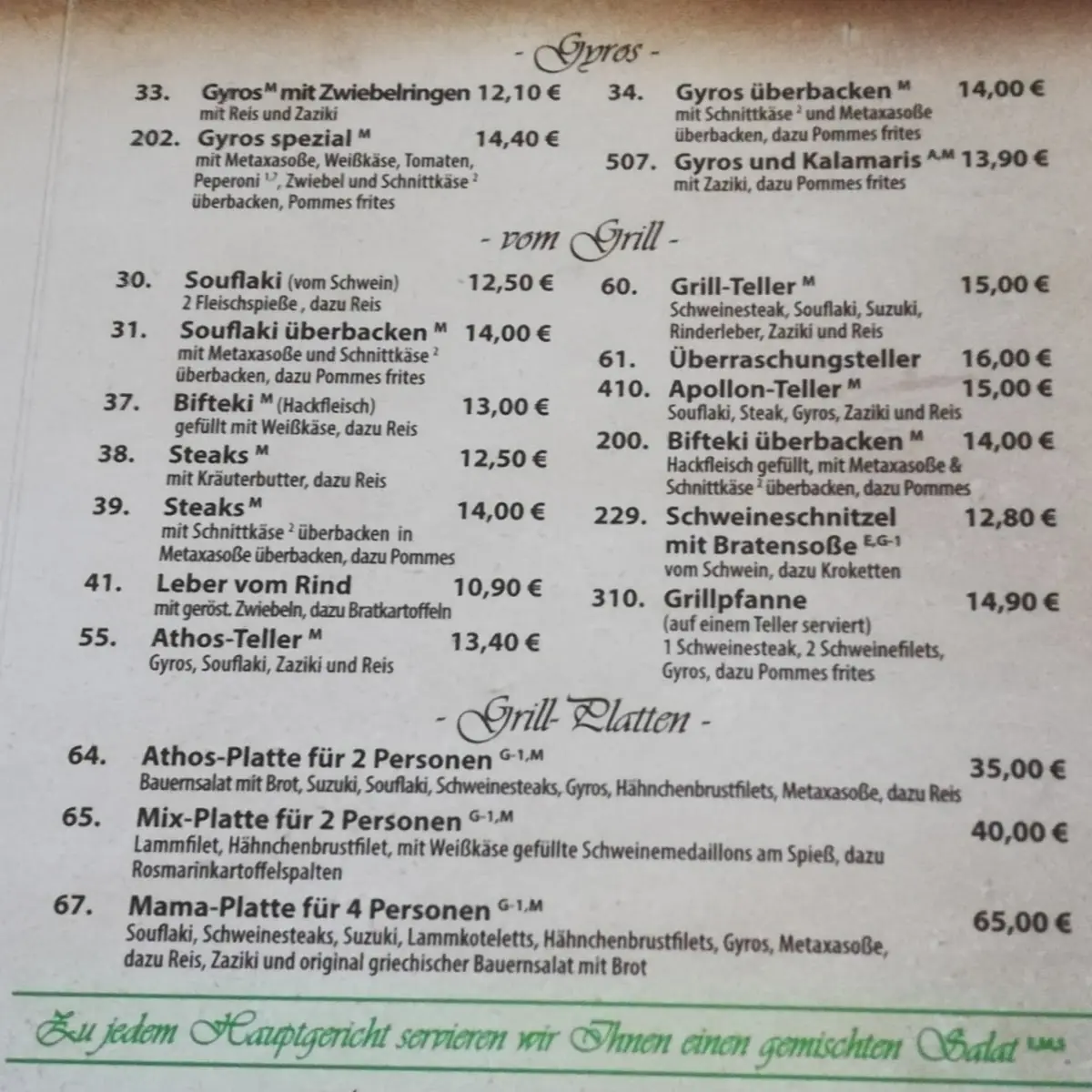 Speisekarte, Restaurant Athos