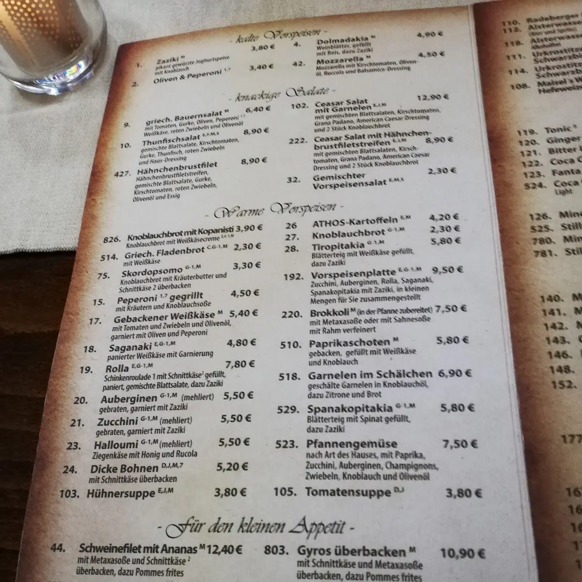 Speisekarte, Restaurant Athos