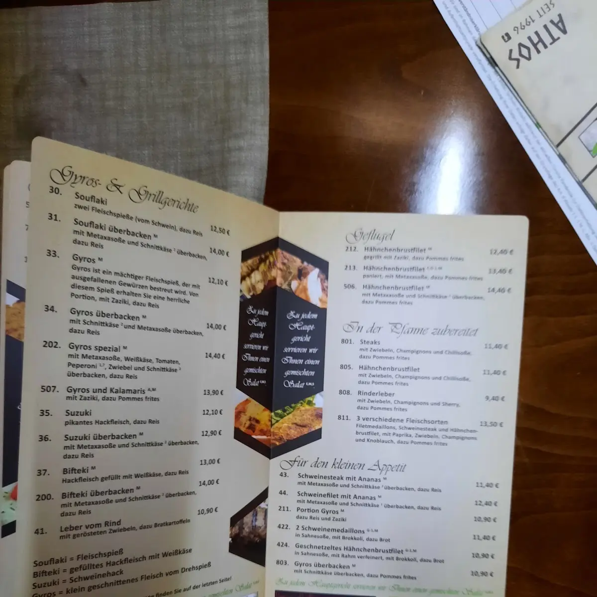 Speisekarte, Restaurant Athos