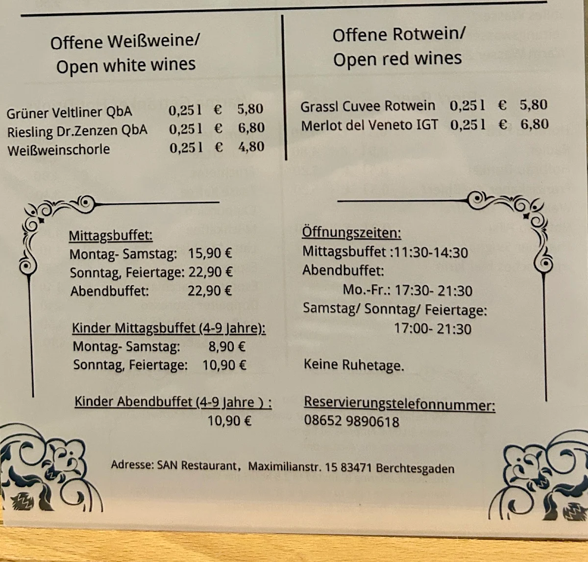Speisekarte, San Restaurant