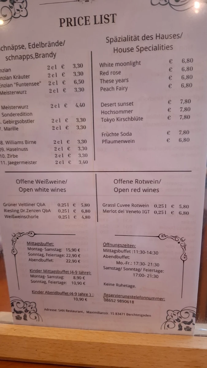 Speisekarte, San Restaurant