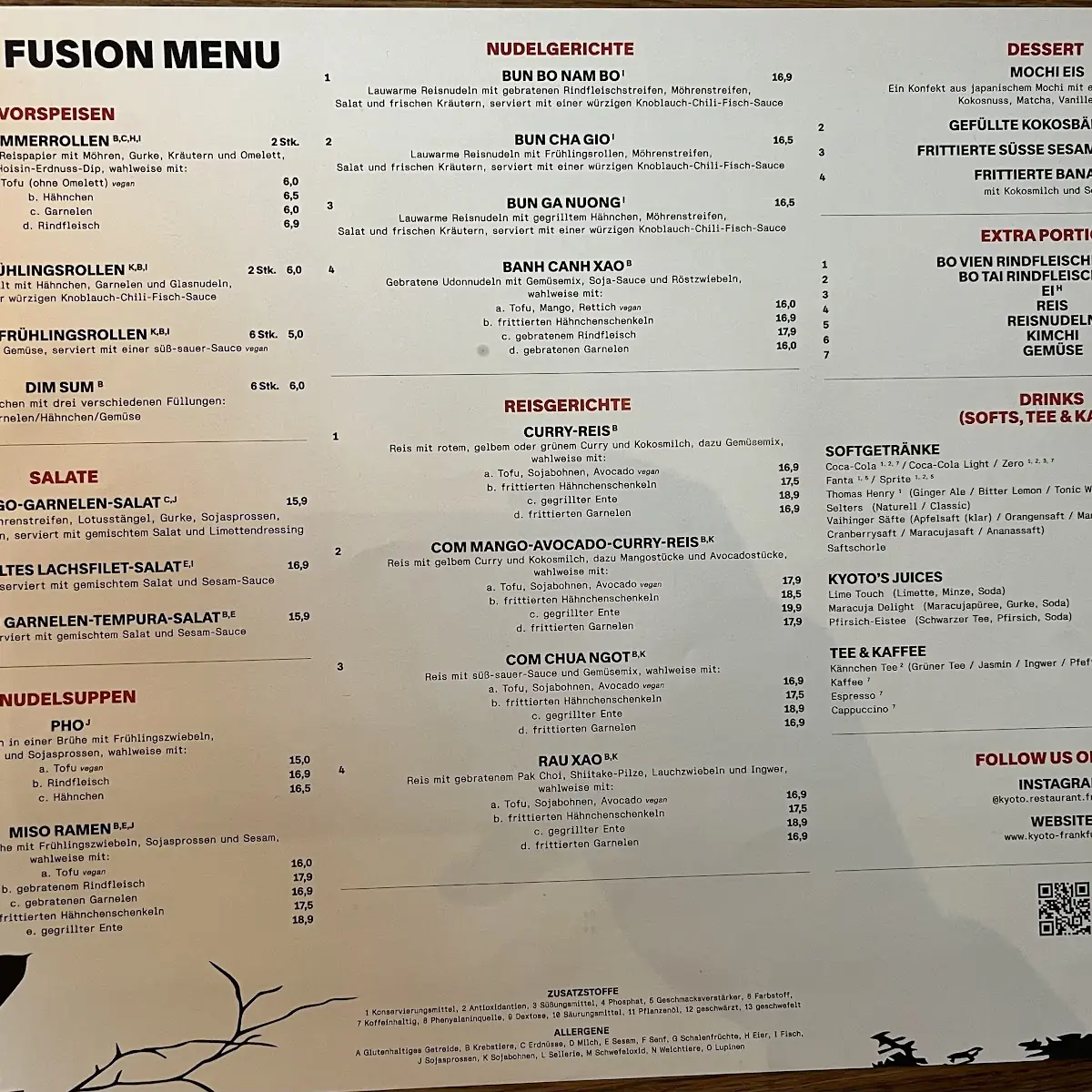 Speisekarte, Kyoto Restaurant