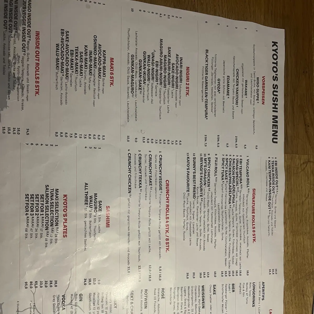 Speisekarte, Kyoto Restaurant