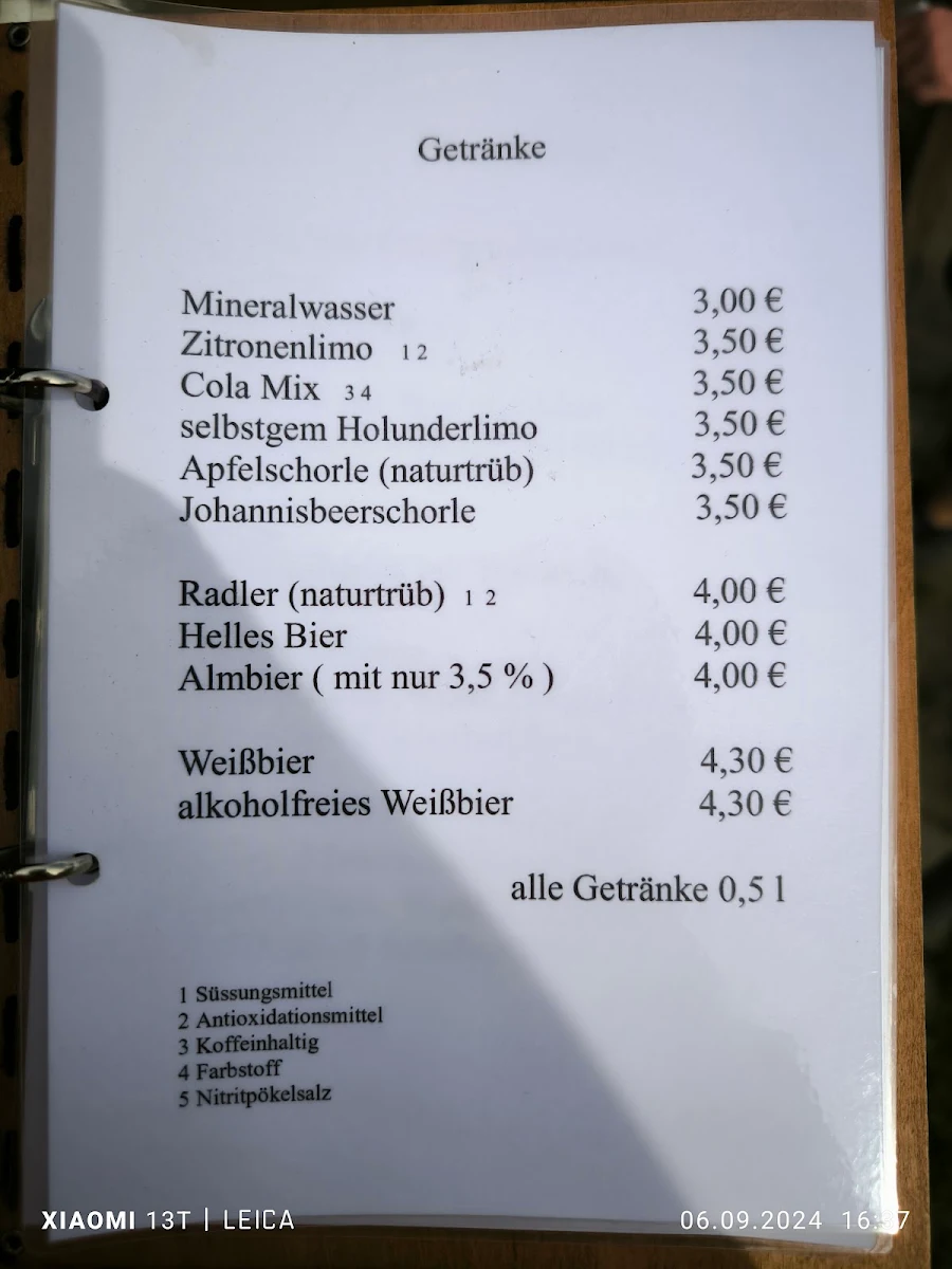 Speisekarte, Stoibenmöseralm
