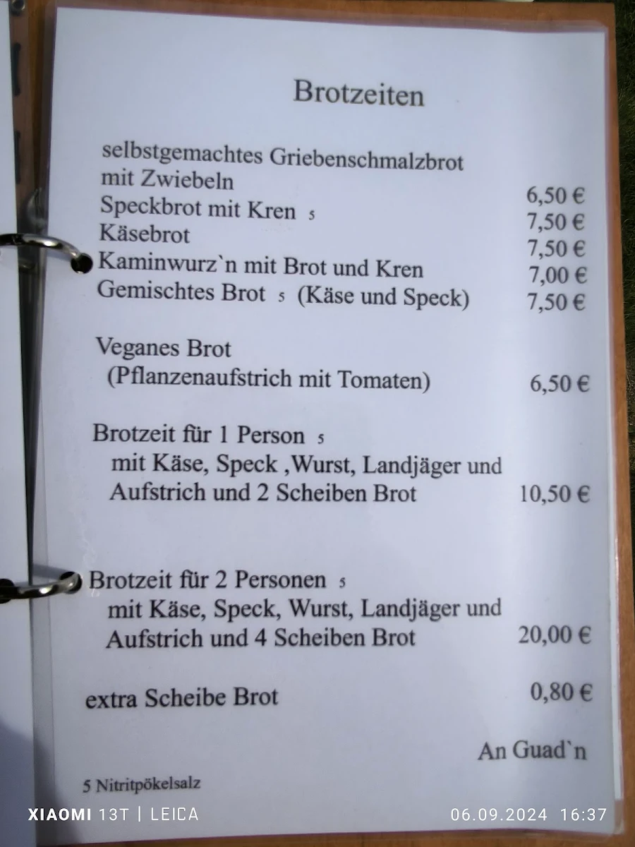 Speisekarte, Stoibenmöseralm