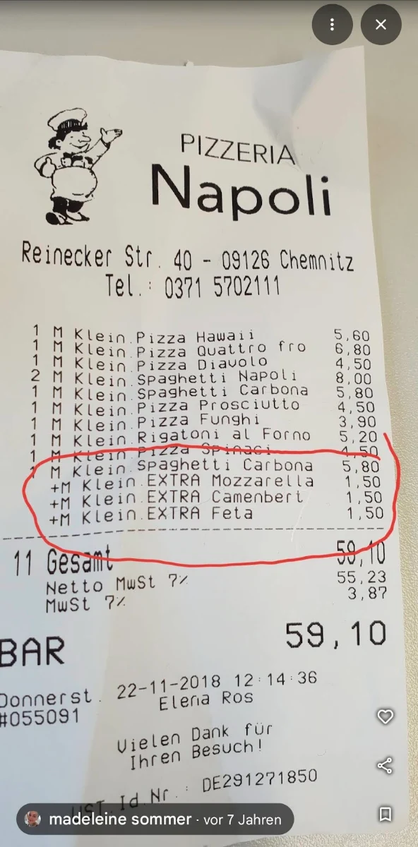 Speisekarte, Pizzeria Napoli Chemnitz