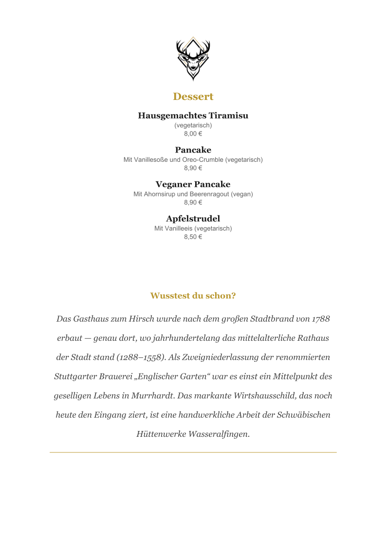 Speisekarte, Gasthaus Hirsch