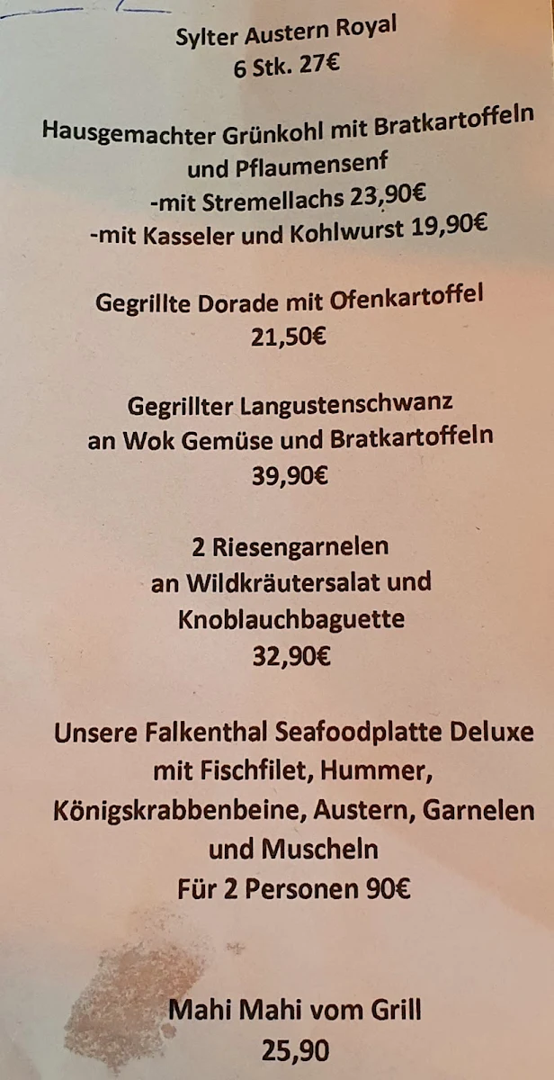Speisekarte, Falkenthal Seafood – Restaurant Kurpromenade