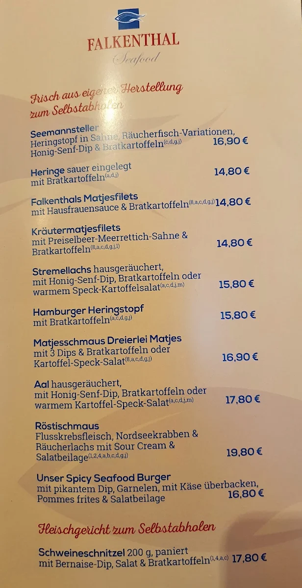 Speisekarte, Falkenthal Seafood – Restaurant Kurpromenade