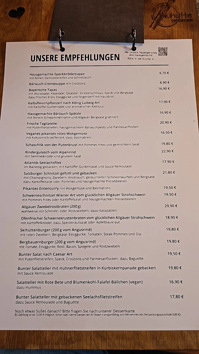 Speisekarte, Skihütte Oberbeuren