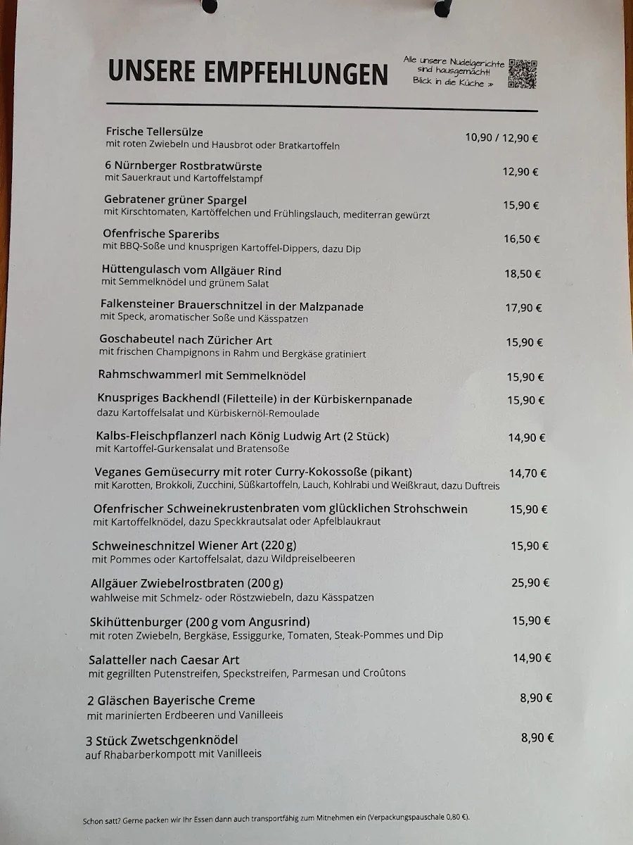 Speisekarte, Skihütte Oberbeuren