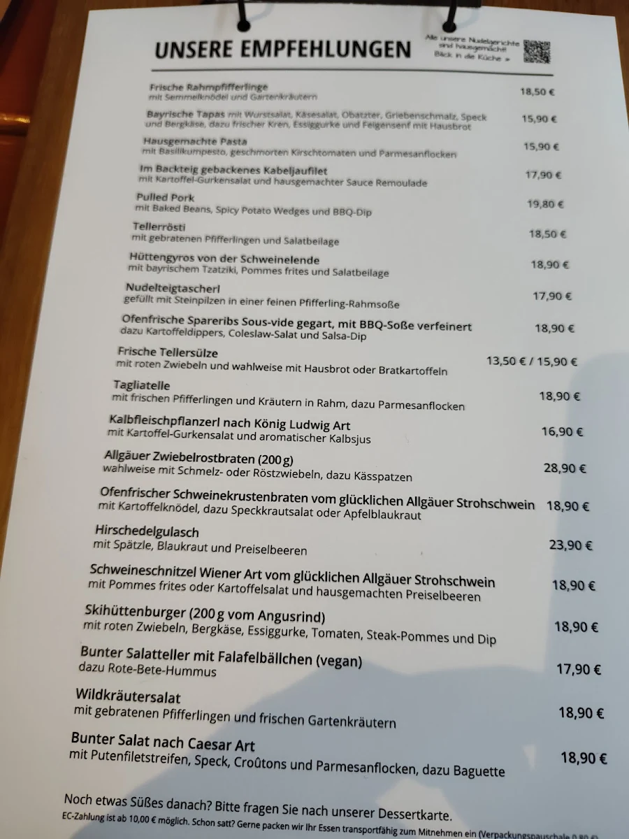 Speisekarte, Skihütte Oberbeuren