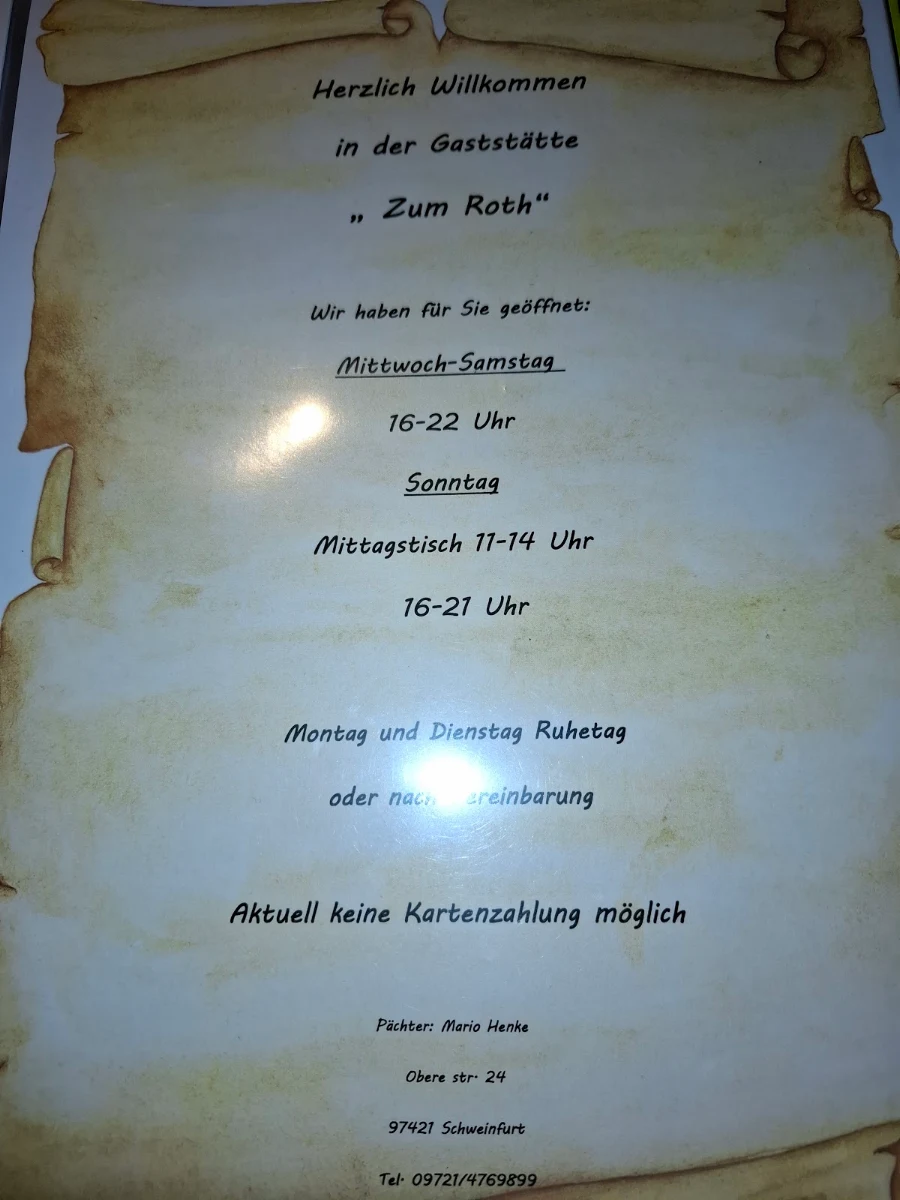 Speisekarte, Zum Roth