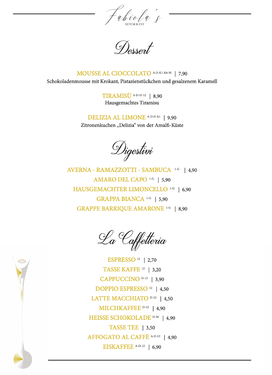 Speisekarte, Fabiola's Restaurant
