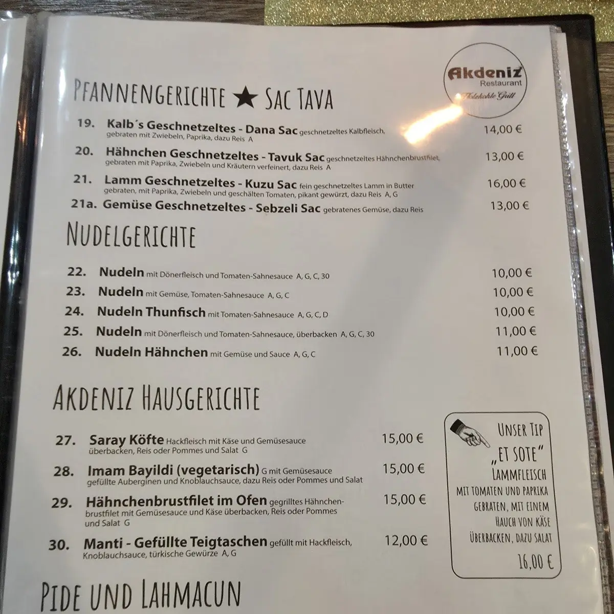 Speisekarte, Akdeniz Restaurant
