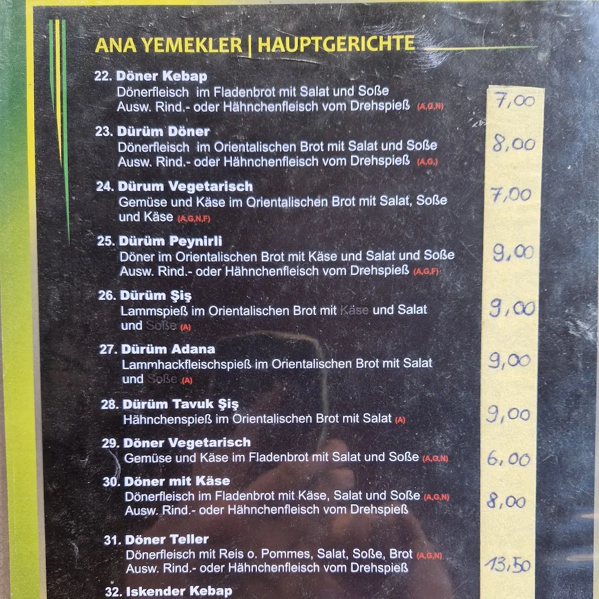 Speisekarte, Urfa Dürüm Döner Nürnberg