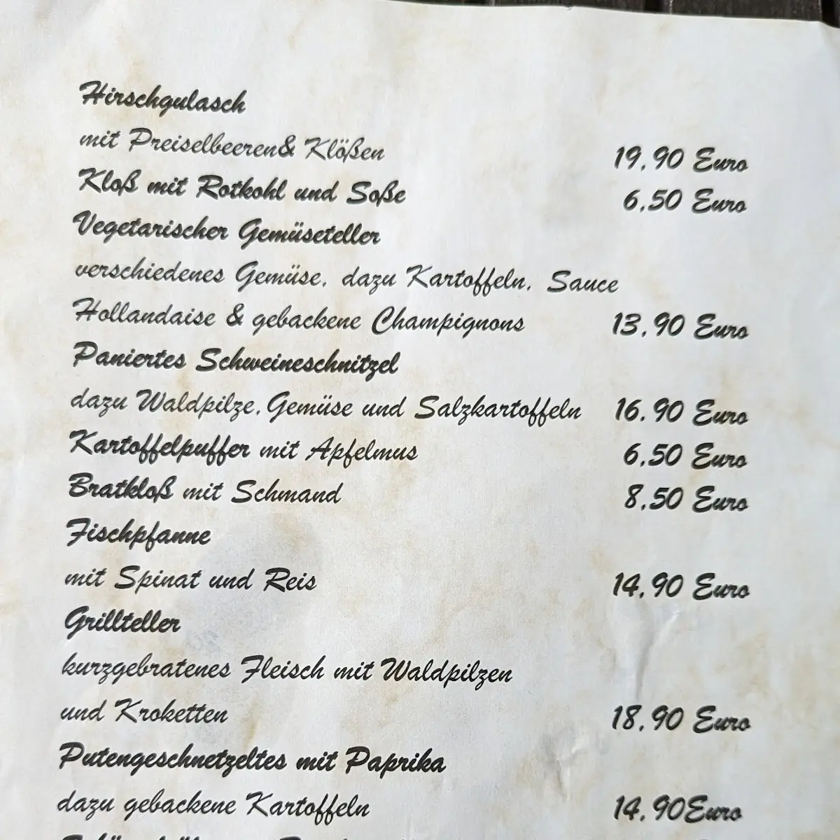 Speisekarte, Gaststätte Zu den vier Linden