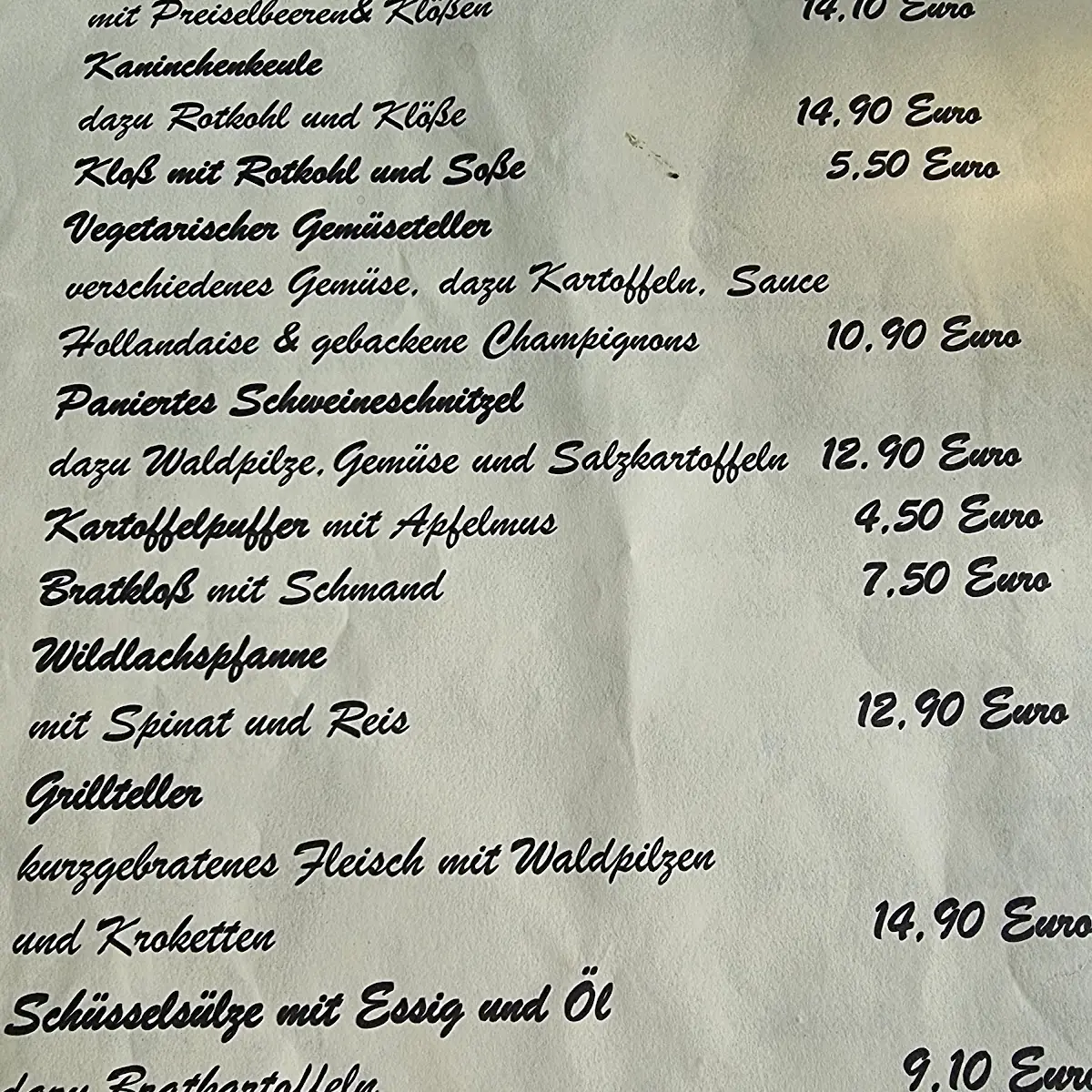 Speisekarte, Gaststätte Zu den vier Linden
